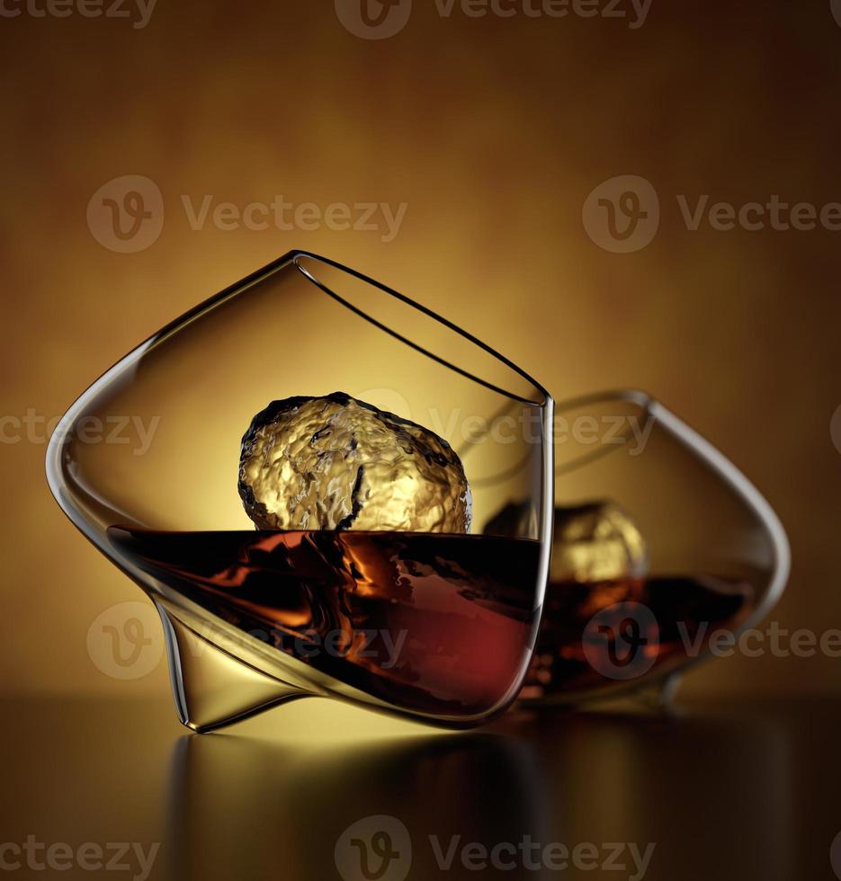 whisky escocés, bourbon o ron en un vaso sobre fondo ámbar - Ilustración 3D Render foto