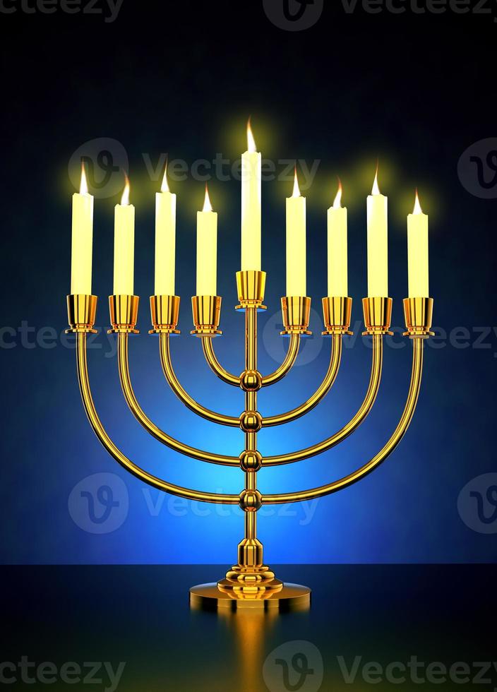 feliz hanukkah - menorá dorada realista, candelabro de pie de vela con velas encendidas - representación de ilustración 3d foto
