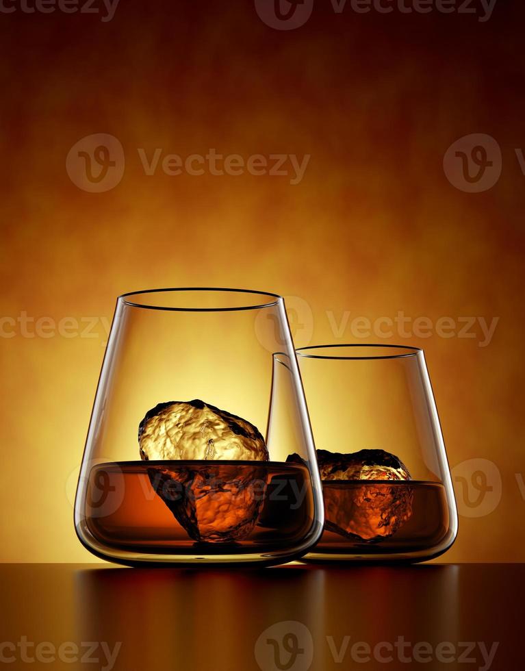 whisky escocés, bourbon o ron en un vaso sobre fondo ámbar - Ilustración 3D Render foto