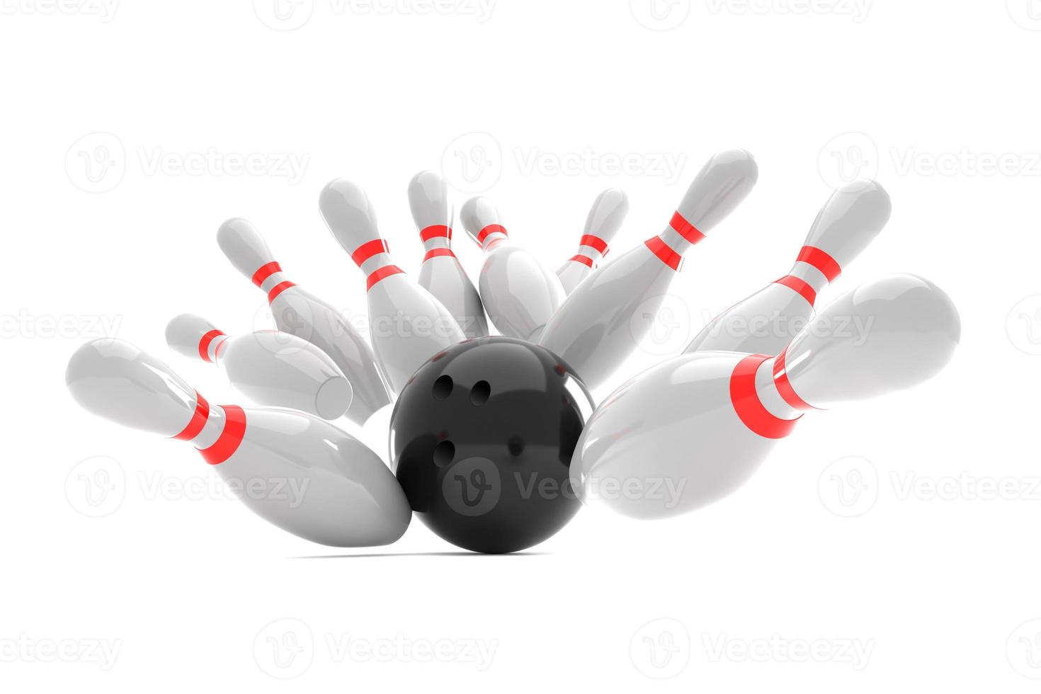 Bowling Action Ball Strikes the Bowling pins on white background. 3d Illustration Render photo