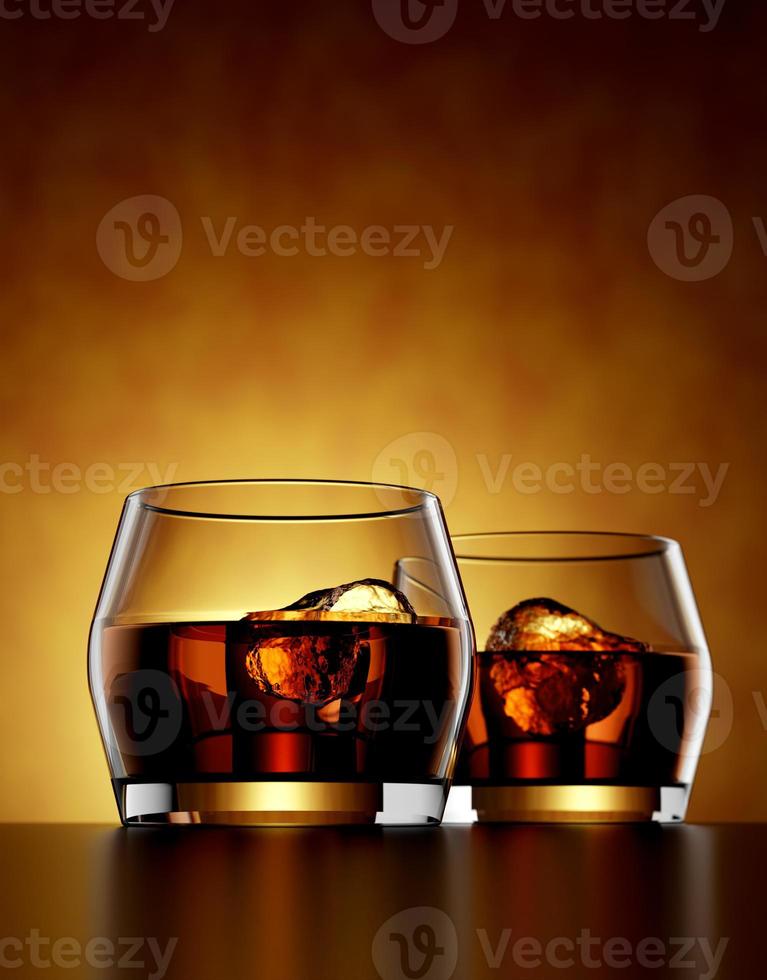 whisky escocés, bourbon o ron en un vaso sobre fondo ámbar - Ilustración 3D Render foto