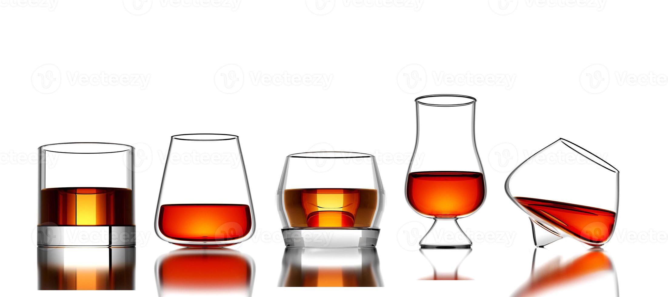 conjunto de whisky escocés, bourbon o ron en un vaso sobre fondo blanco - Ilustración 3D Render foto