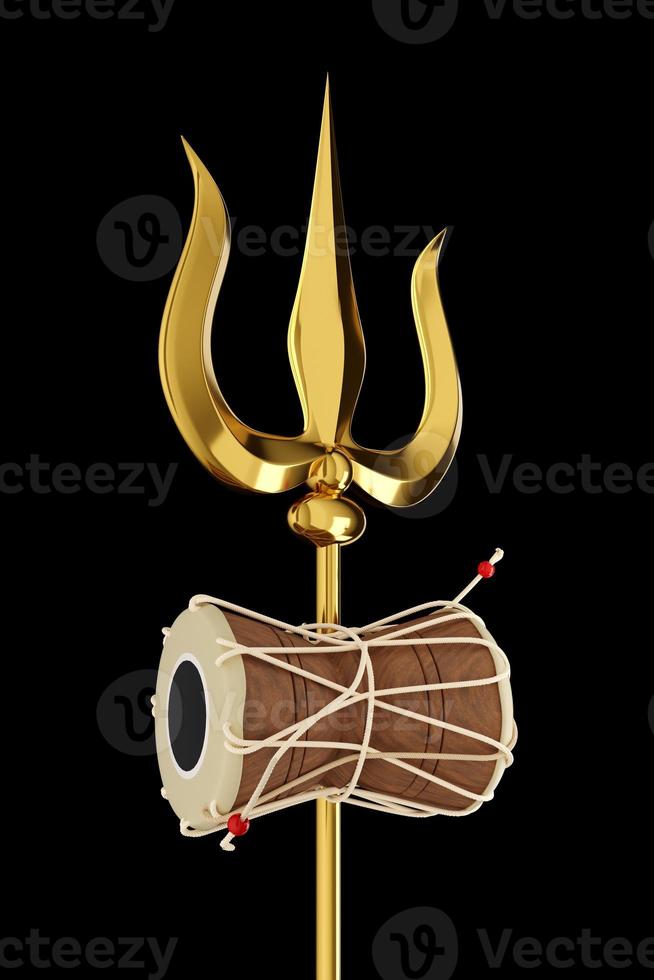 trishul de shiva en oro y tambor de madera damru instrumento musical sobre fondo negro - 3d ilustración render foto