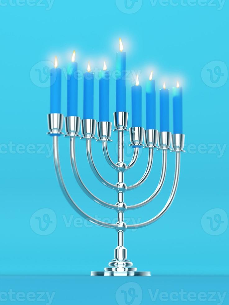 feliz hanukkah - menorá realista de plata, candelabro de candelabro con velas encendidas - representación de ilustración 3d foto