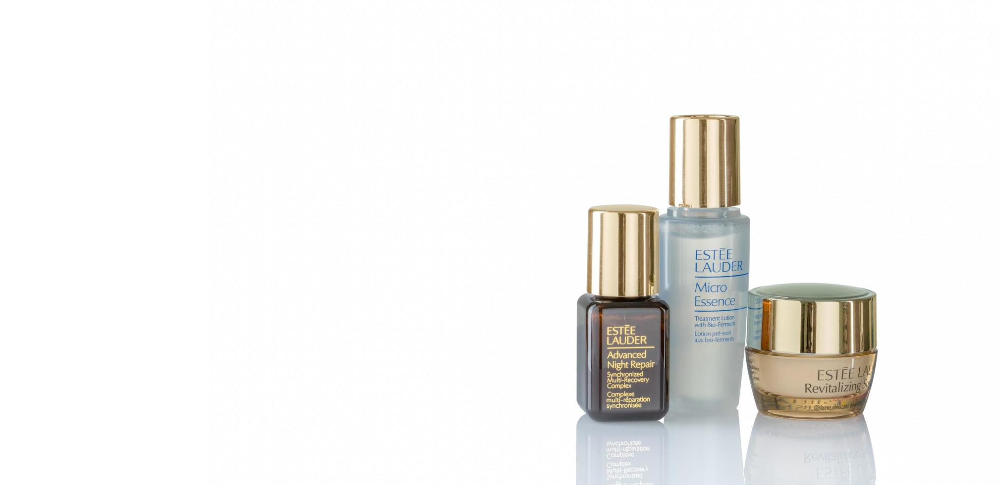 CHONBURI, THAILAND-DECEMBER 9, 2022 Estee Lauder Advanced Night Repair, Estee Lauder Micro Essence, and Estee Lauder Revitalizing Supreme. Skincare for healthy face skin. Luxury skincare brand. photo