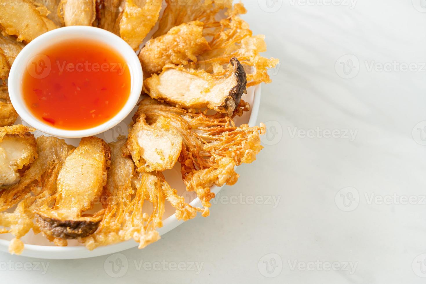 deep fried Enoki mushroom and King Oyster mushroom with spicy dipping sauce photo