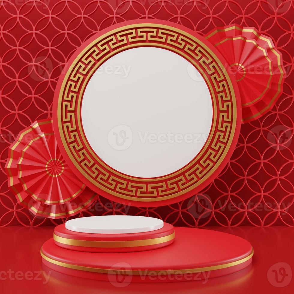 3D rendering illustration Chinese new year mock up Cylinder podiums, Chinese Festivals, empty pedestal template for product display decorated, geometric background, cosmetics stand concept, abstract photo
