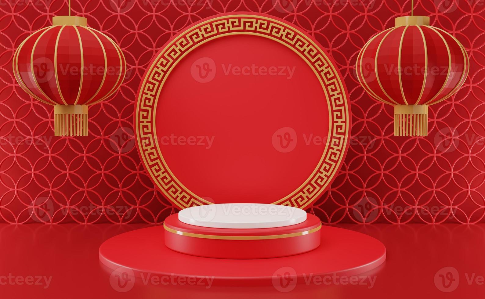 3D rendering illustration Chinese new year mock up Cylinder podiums, Chinese Festivals, empty pedestal template for product display decorated, geometric background, cosmetics stand concept, abstract photo