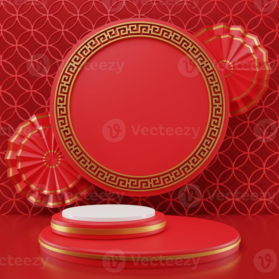 3D rendering illustration Chinese new year mock up Cylinder podiums, Chinese Festivals, empty pedestal template for product display decorated, geometric background, cosmetics stand concept, abstract photo