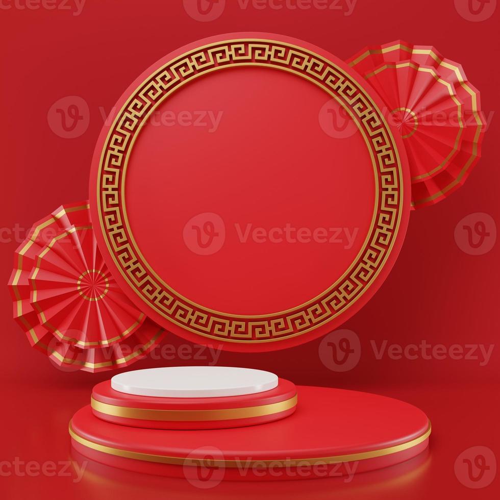 3D rendering illustration Chinese new year mock up Cylinder podiums, Chinese Festivals, empty pedestal template for product display decorated, geometric background, cosmetics stand concept, abstract photo