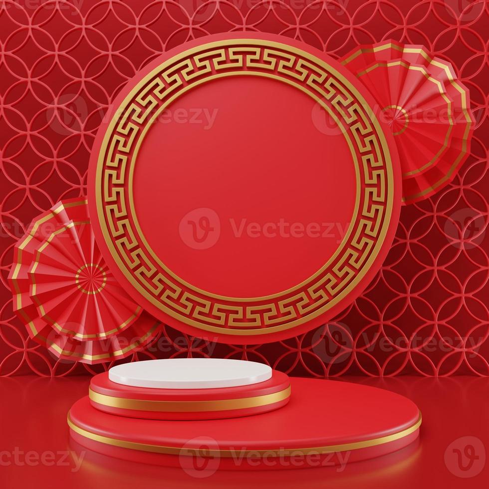 3D rendering illustration Chinese new year mock up Cylinder podiums, Chinese Festivals, empty pedestal template for product display decorated, geometric background, cosmetics stand concept, abstract photo