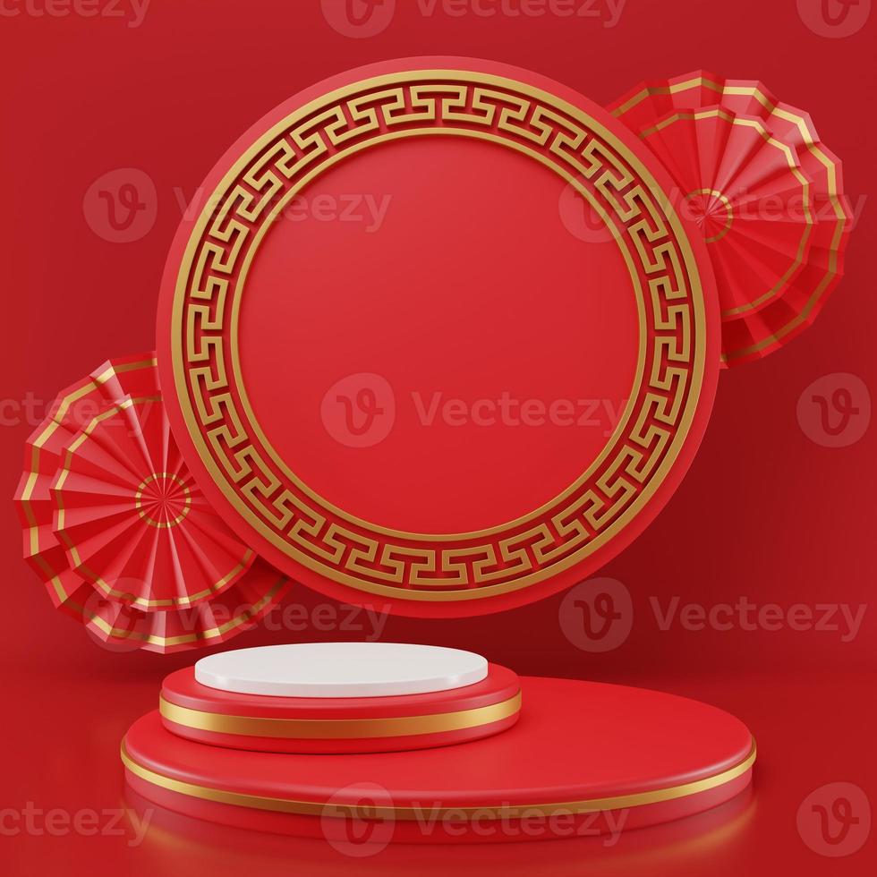 3D rendering illustration Chinese new year mock up Cylinder podiums, Chinese Festivals, empty pedestal template for product display decorated, geometric background, cosmetics stand concept, abstract photo