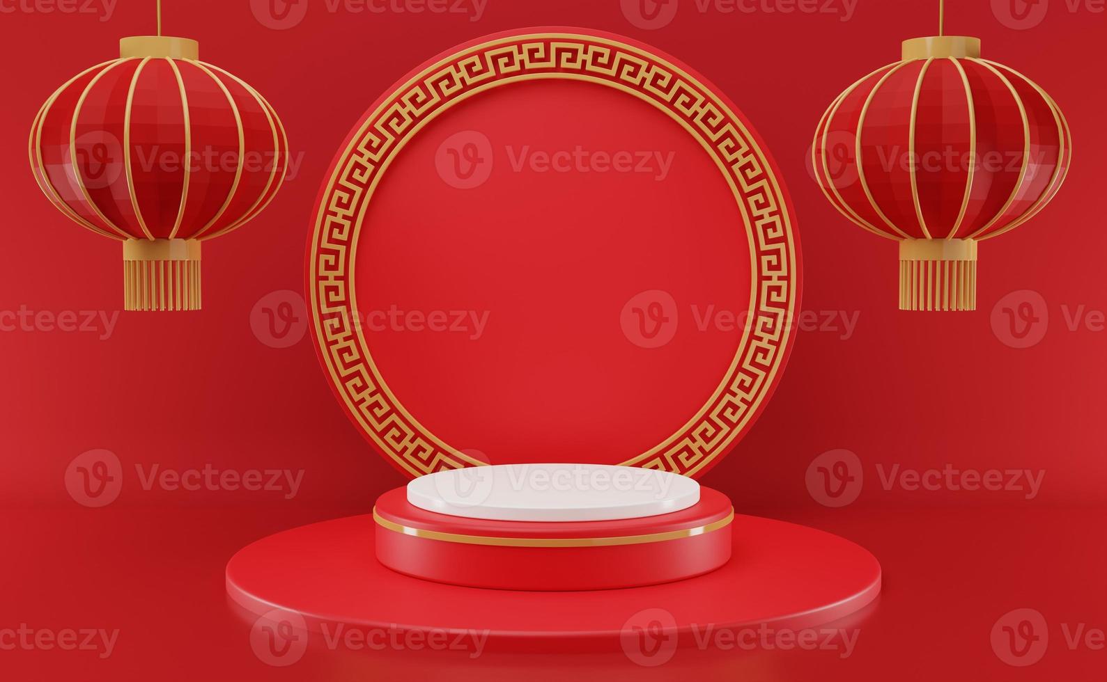 3D rendering illustration Chinese new year mock up Cylinder podiums, Chinese Festivals, empty pedestal template for product display decorated, geometric background, cosmetics stand concept, abstract photo