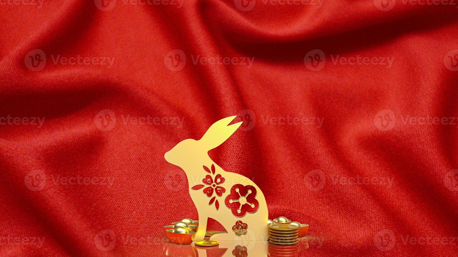 The gold rabbit and vintage Chinese money on red background  3d rendering photo