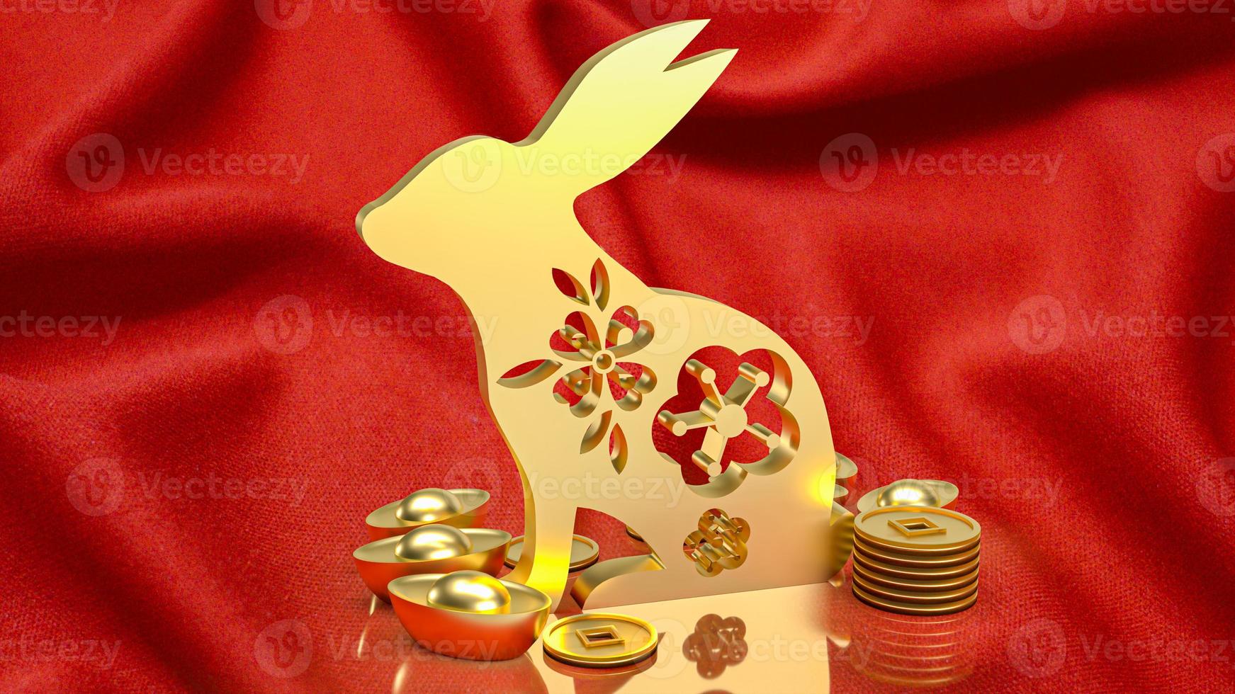 The gold rabbit and vintage Chinese money on red background  3d rendering photo