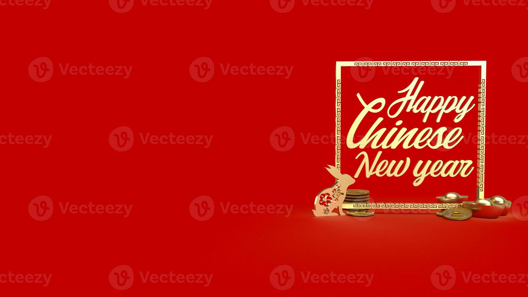 The gold rabbit and vintage Chinese money on red background  3d rendering photo