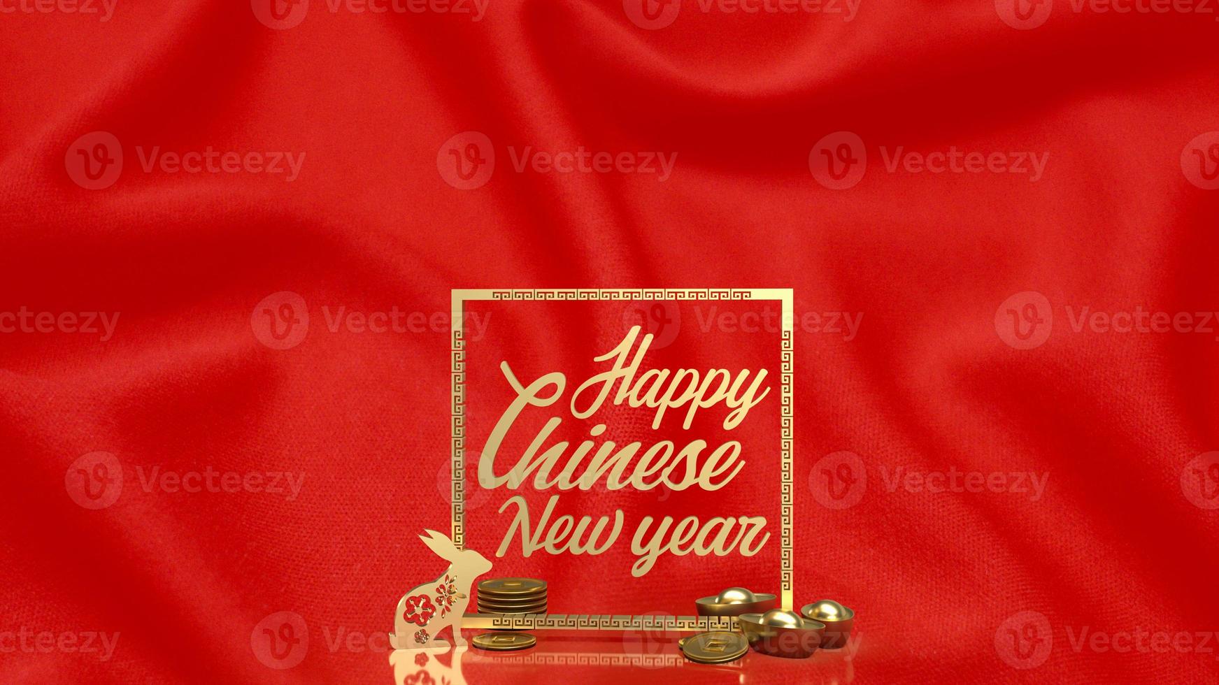 The gold rabbit and vintage Chinese money on red background  3d rendering photo