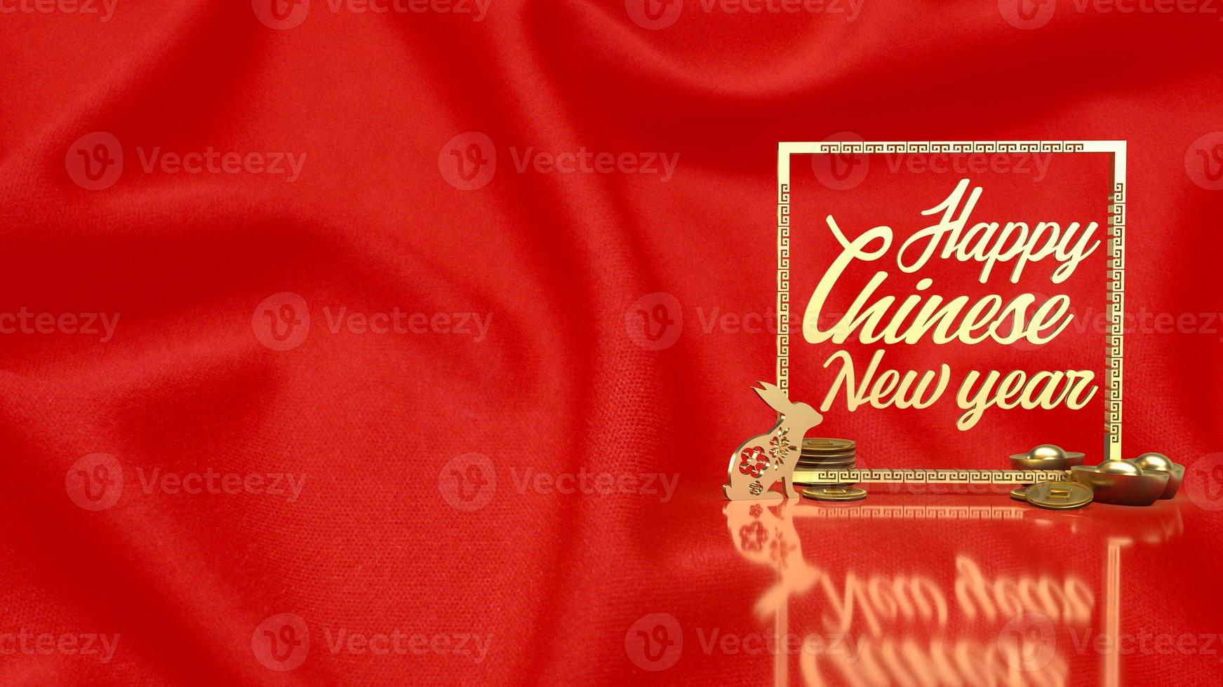The gold rabbit and vintage Chinese money on red background  3d rendering photo