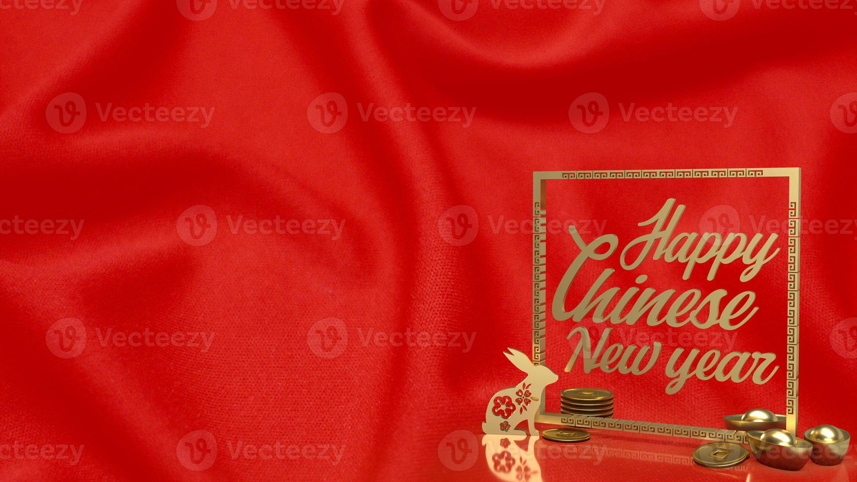 The gold rabbit and vintage Chinese money on red background  3d rendering photo