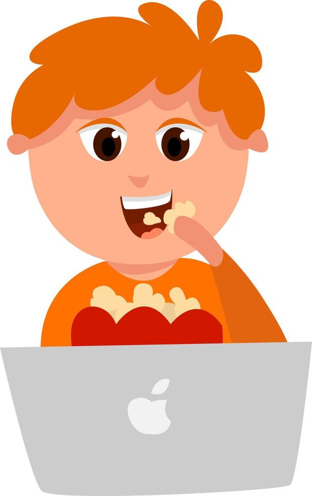 niño viendo películas y comiendo palomitas de maíz, ilustración, vector sobre fondo blanco