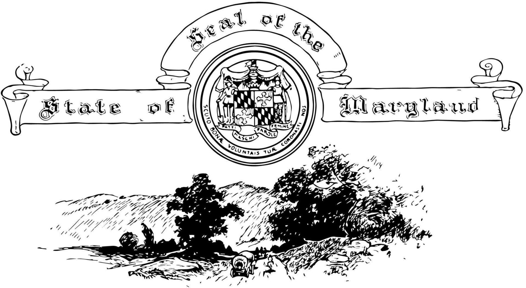 The United States seal of Maryland with the Blue Ridge Mountains in the background, vintage illustration vector