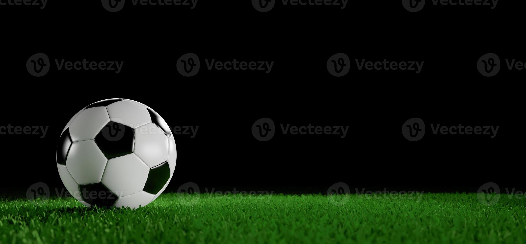 Soccer ball in the stadium on a black background. 3D rendering illustration. photo