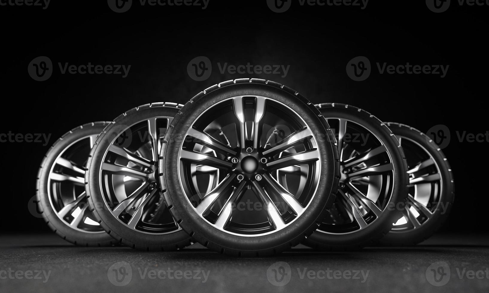 Five car wheels on asphalt and black background. Poster or cover design. 3D rendering illustration. photo