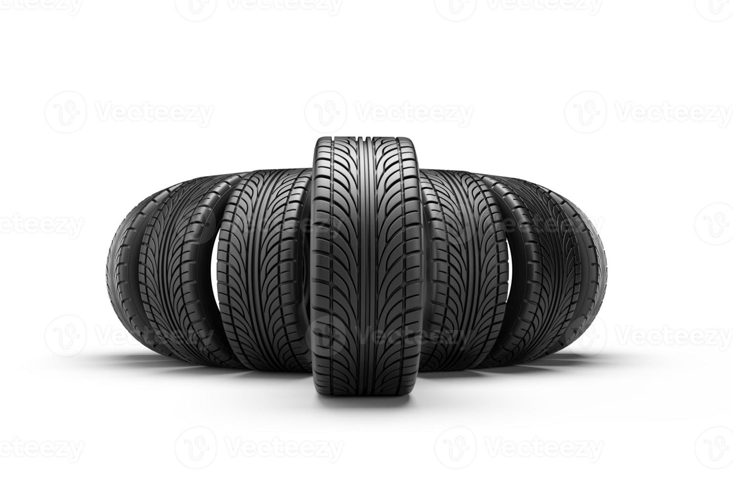 Car tires in row isolated on white background. 3D rendering illustration. photo