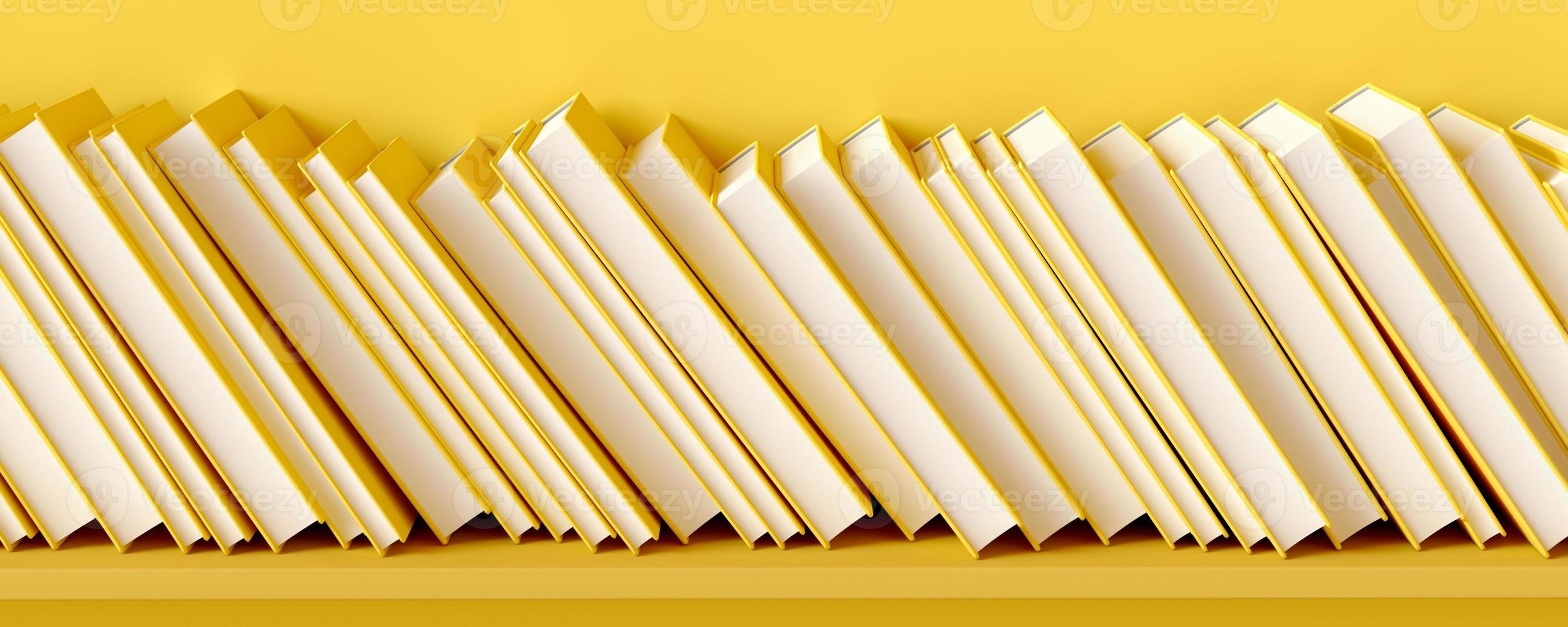 The books are tilted on a yellow shelf. 3D rendering illustration. photo