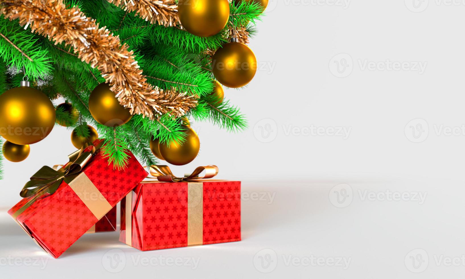 Decorated gold Christmas tree with golder patchwork ornament artificial star hearts presents for new year isolated on white background. 3D rendering illustration. photo