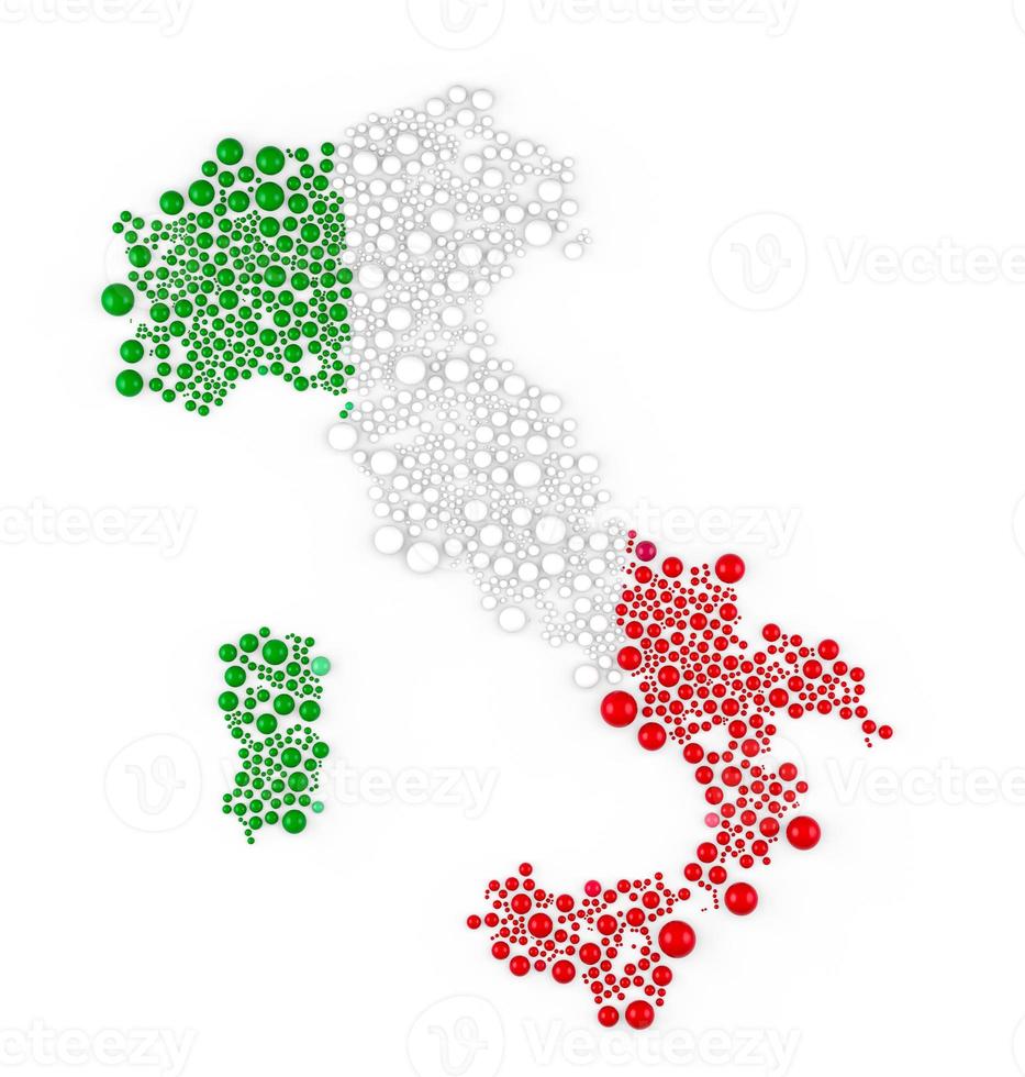 Multicolored raster abstract composition of Italy Map constructed of spheres items. Italy Map and flag. 3D rendering illustration. photo