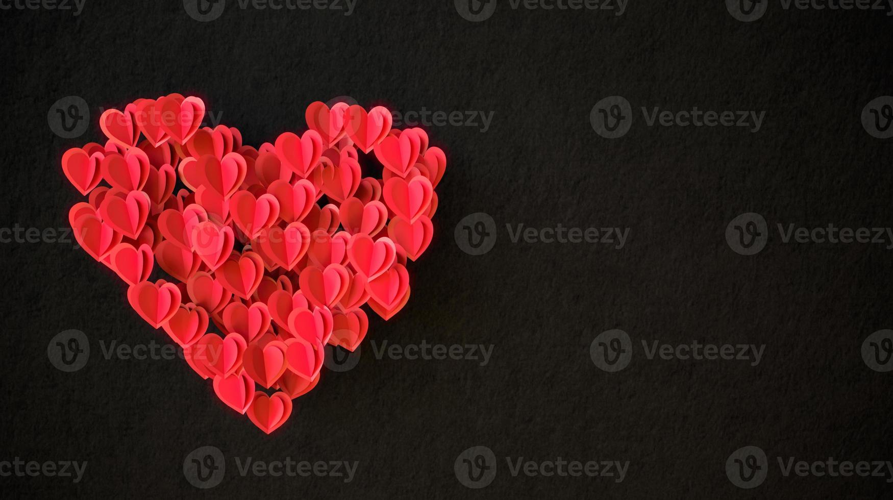 pancarta de feliz día de san valentín. diseño de fondo de vacaciones con un gran corazón hecho de corazones de origami rosa, rojo y azul sobre fondo de tela negra. ilustración de renderizado 3d. foto