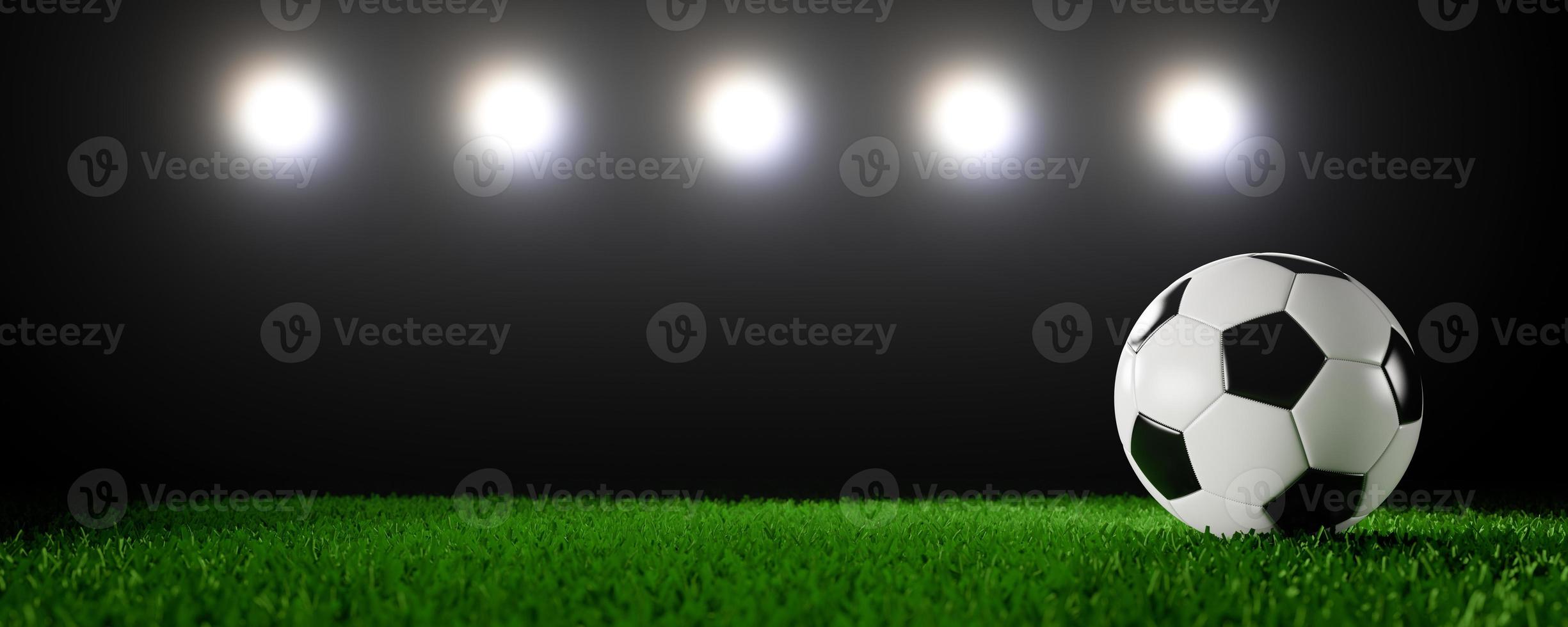 Soccer ball on stadium in night illuminated spotlight. 3D rendering illustration. photo