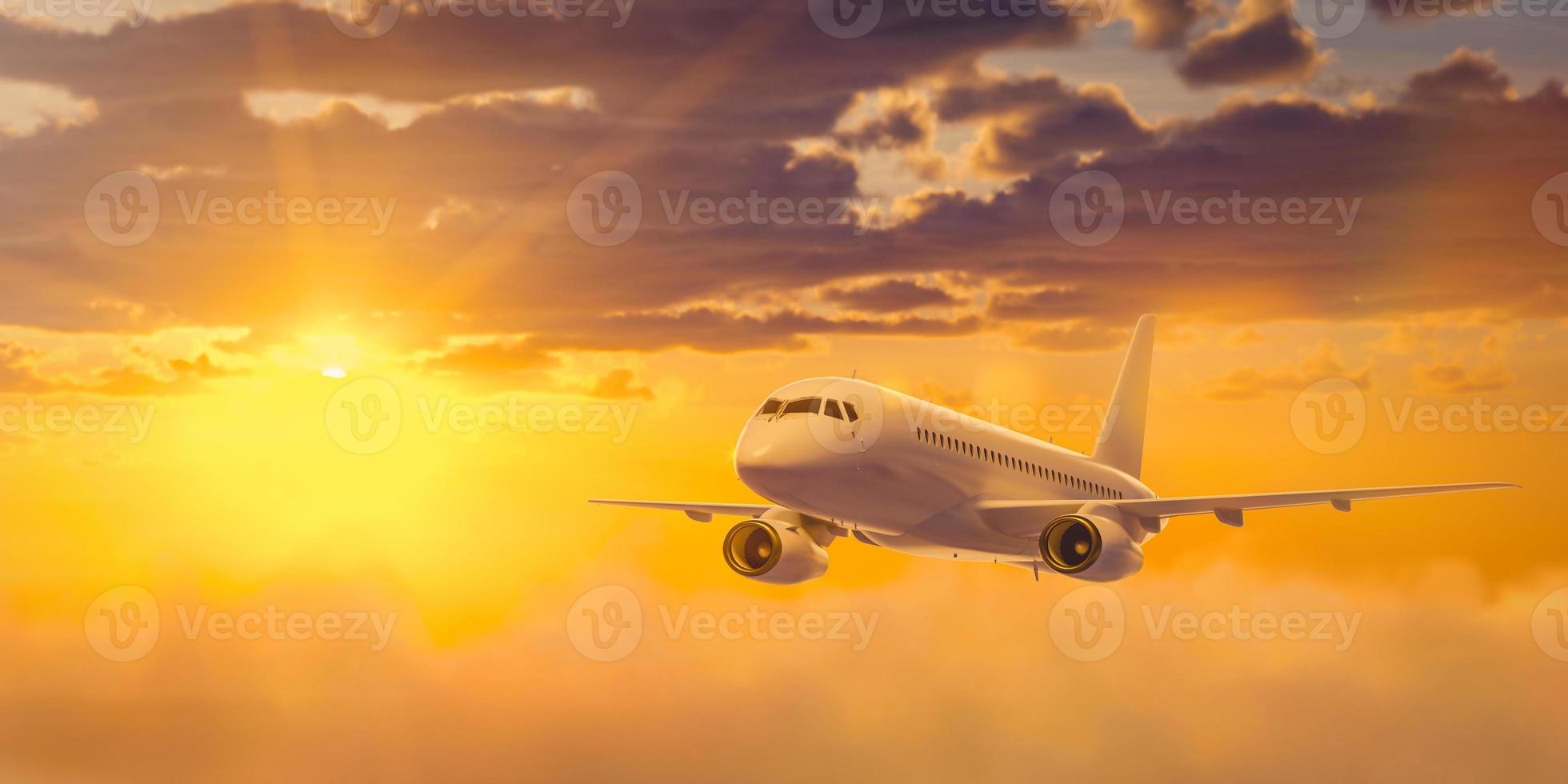 White passenger airplane is flying in the sky with multicolored clouds at sunset. 3D rendering illustration. photo