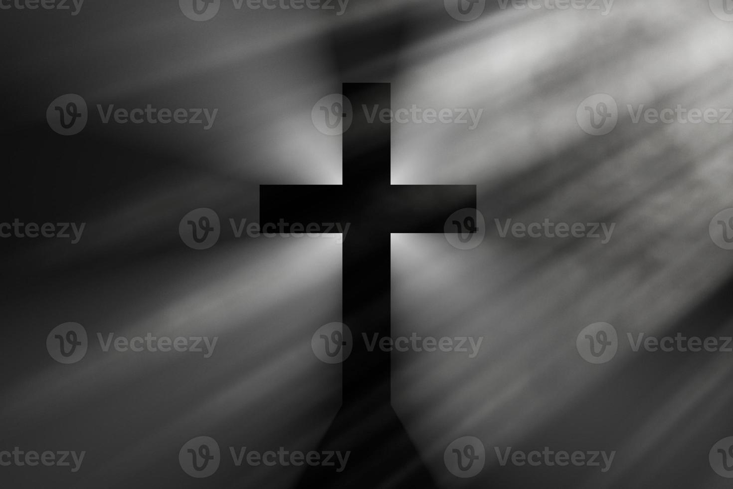 Black cross in the rays of light, simple Christian cross sign, 3D rendering illustration. photo