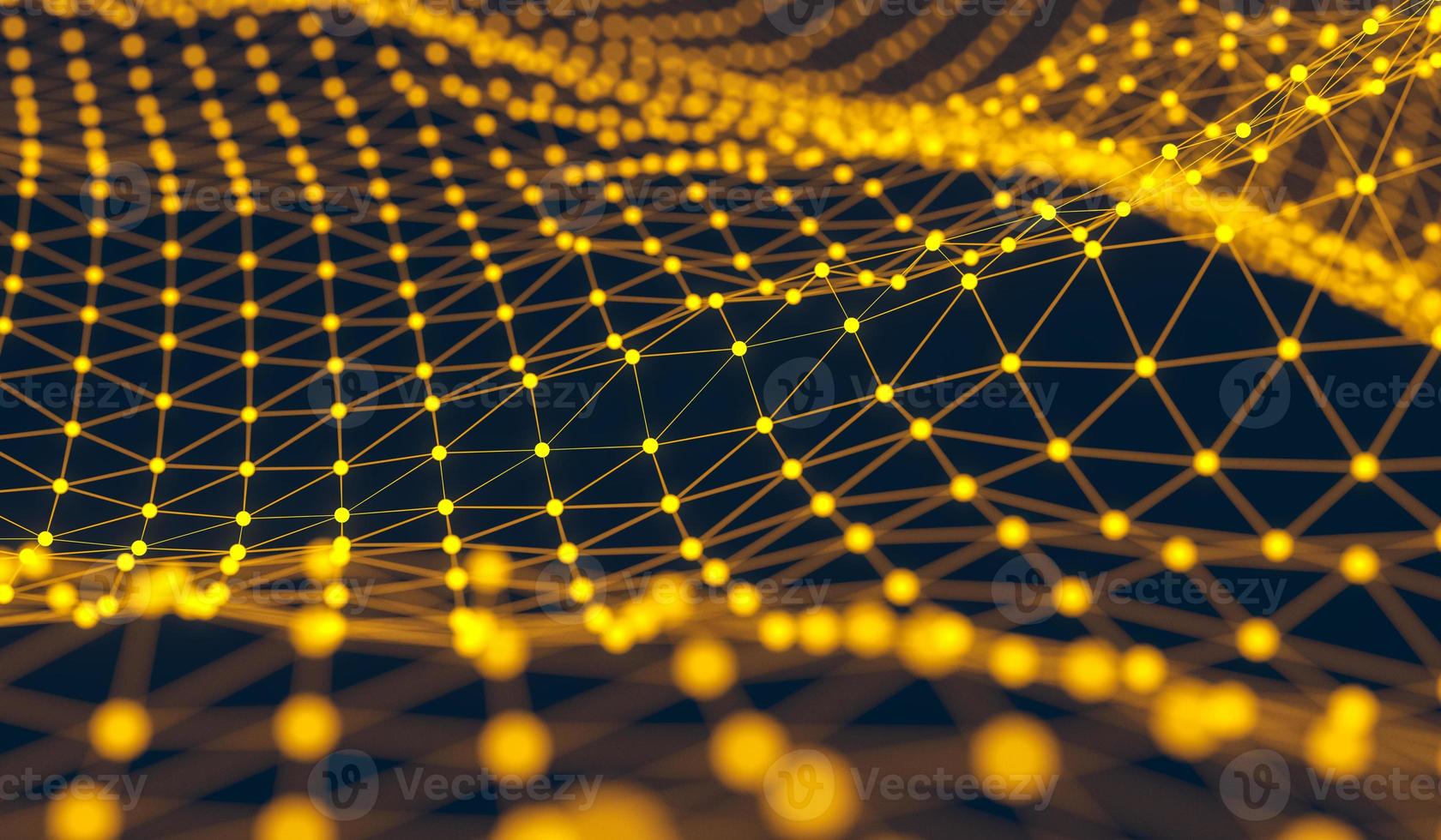 Blockchain network , Machine learning , deep learning and neural networks concept. Yellow Distributed connection atom with black background , 3D rendering illustration photo