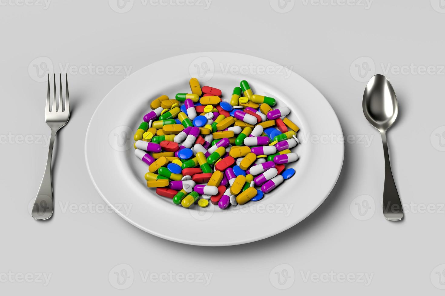 Assorted pharmaceutical medicine pills and tablets spoon. 3D rendering illustration photo