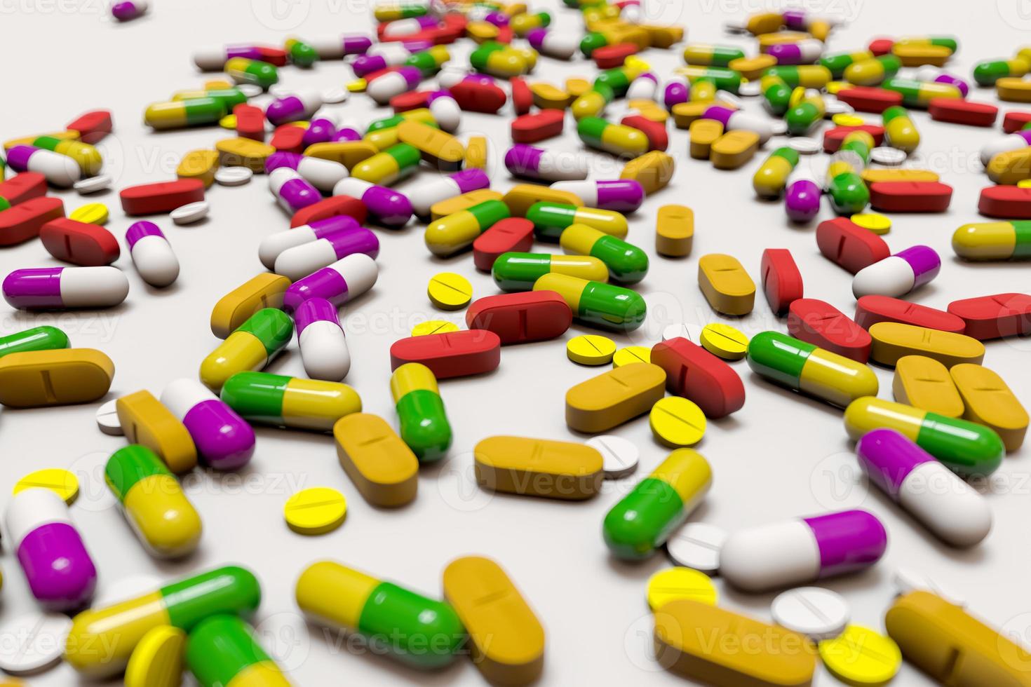 A lot of colorful medication and pills from above. 3D rendering illustration photo