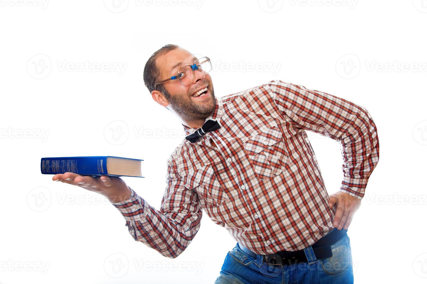 adult male hipster presents a book and smiling photo