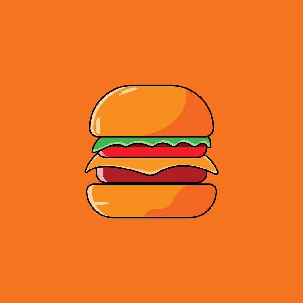 lindo adorable caricatura comida rápida hamburguesa personaje ilustración vector eps 10 sobre fondo naranja