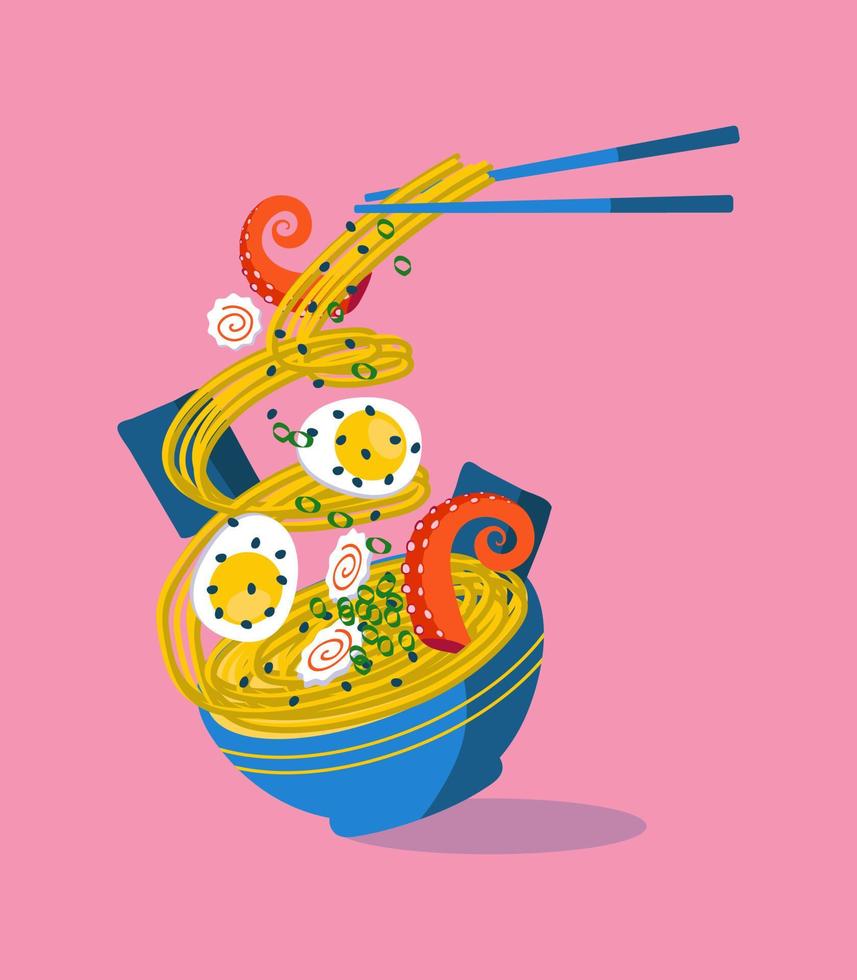 Bowl of ramen noodles with flying ingredients vector illustration