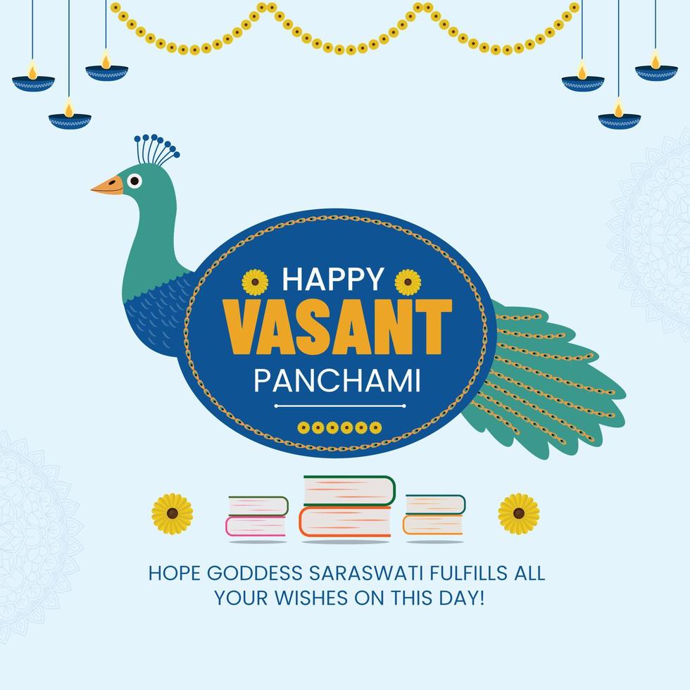 feliz vasant panchami fondo vector pavo real