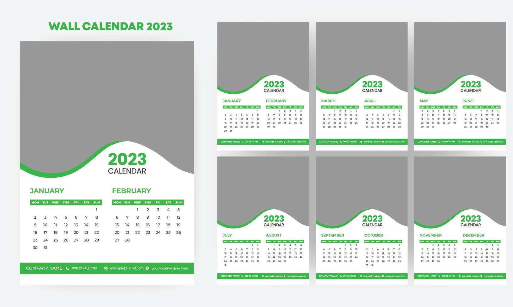 Vertical wall calendar template for 2023 year. Set of 12 months. Week starts on Sunday. Planner in minimalist style with place for photo. Vector editable corporate and business calendar page template