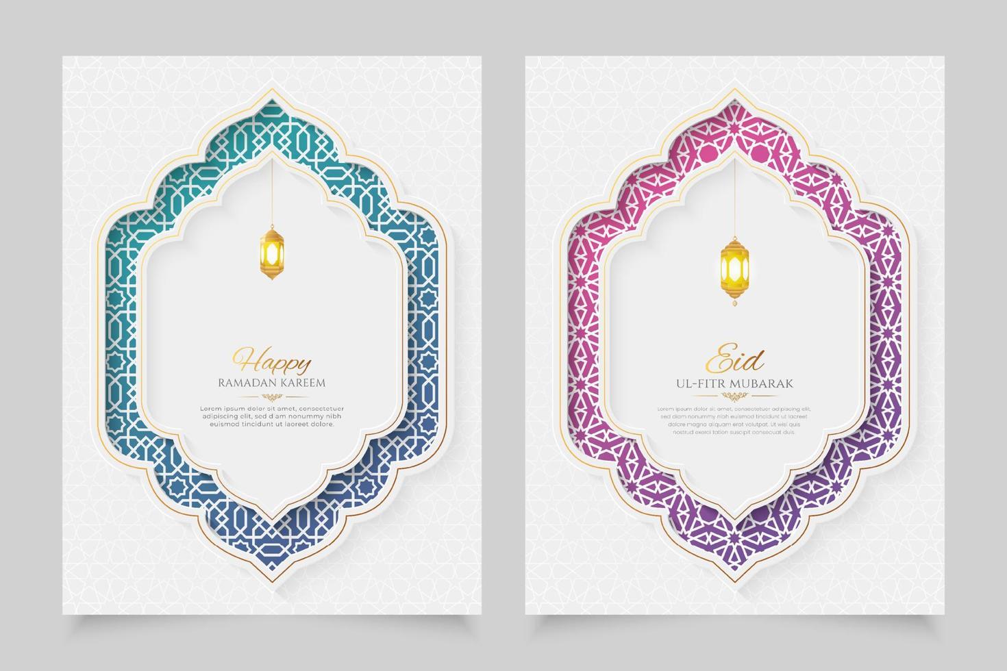 Ramadan and Eid Islamic White Luxury Vertical Ornamental Backgrounds with Arabic Pattern and Decorative Arch Frame vector