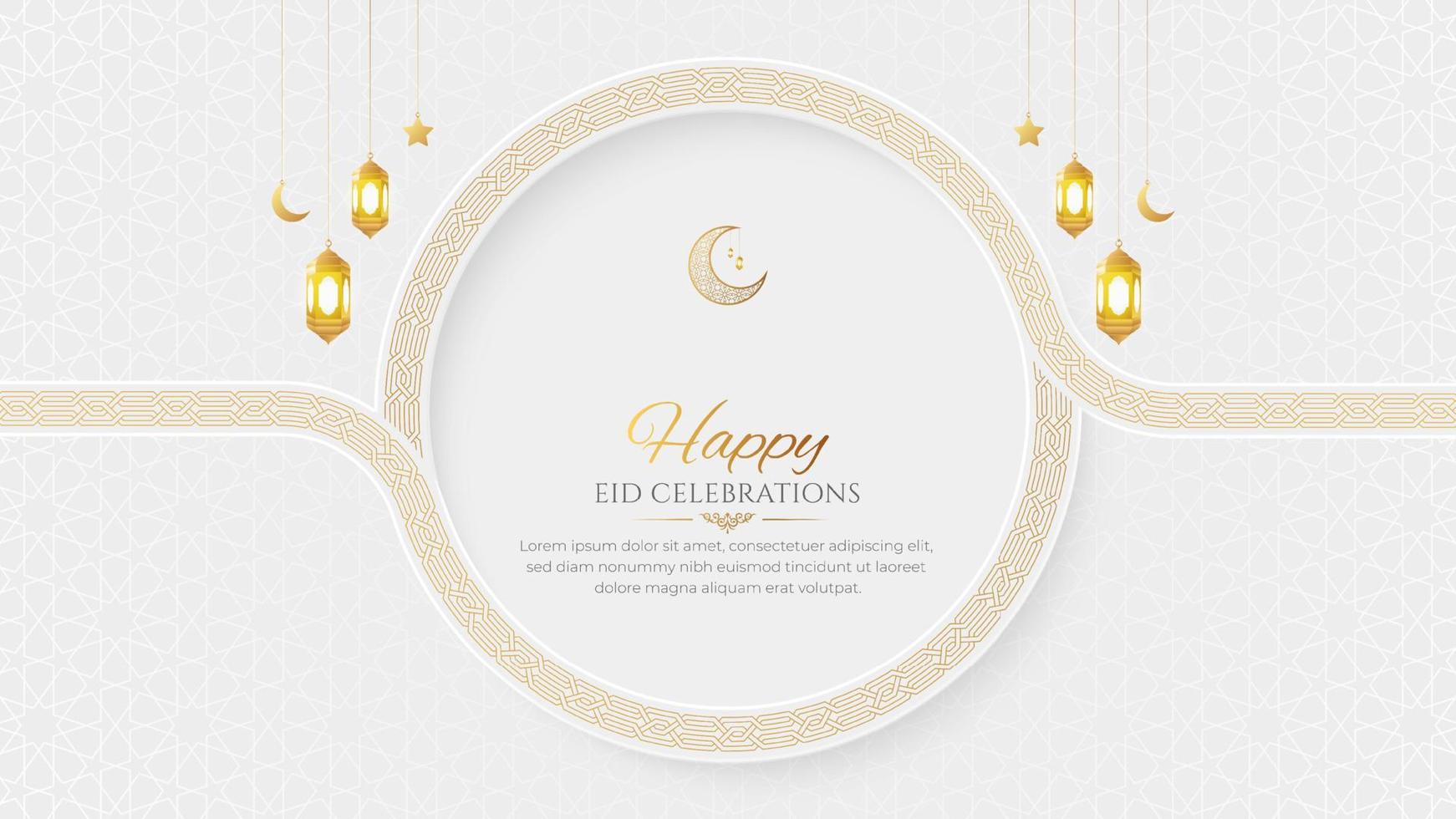 Eid Mubarak Islamic ornamental background with Arabic style border frame and lanterns vector