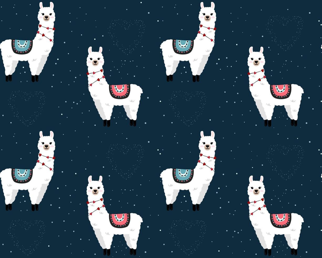 Seamless pattern with cute llamas on starry space background. Background for wrapping paper,  greeting cards and seasonal designs. Happy Valentine's day. vector