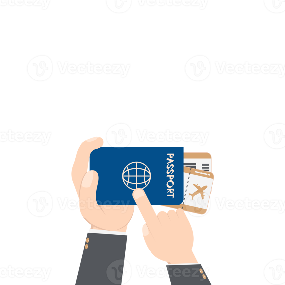mão segurando passagem de avião e passaporte png