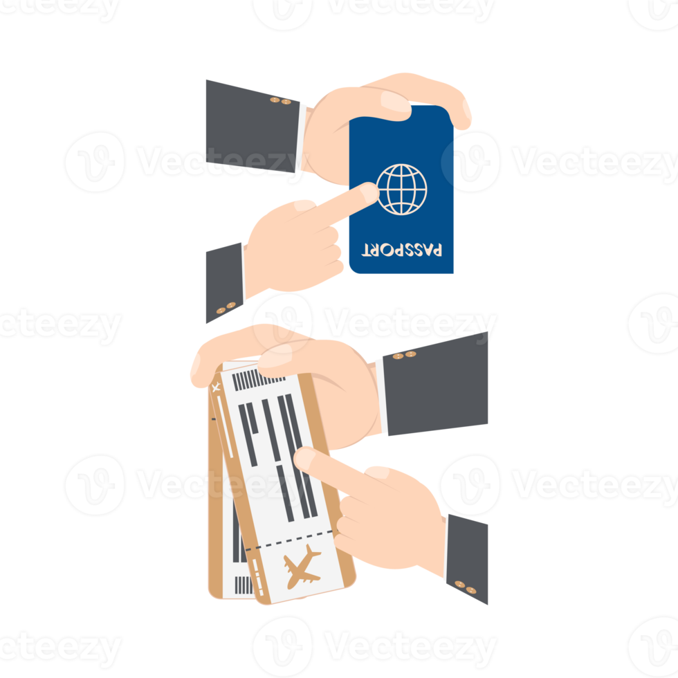 mão segurando passagem de avião e passaporte png