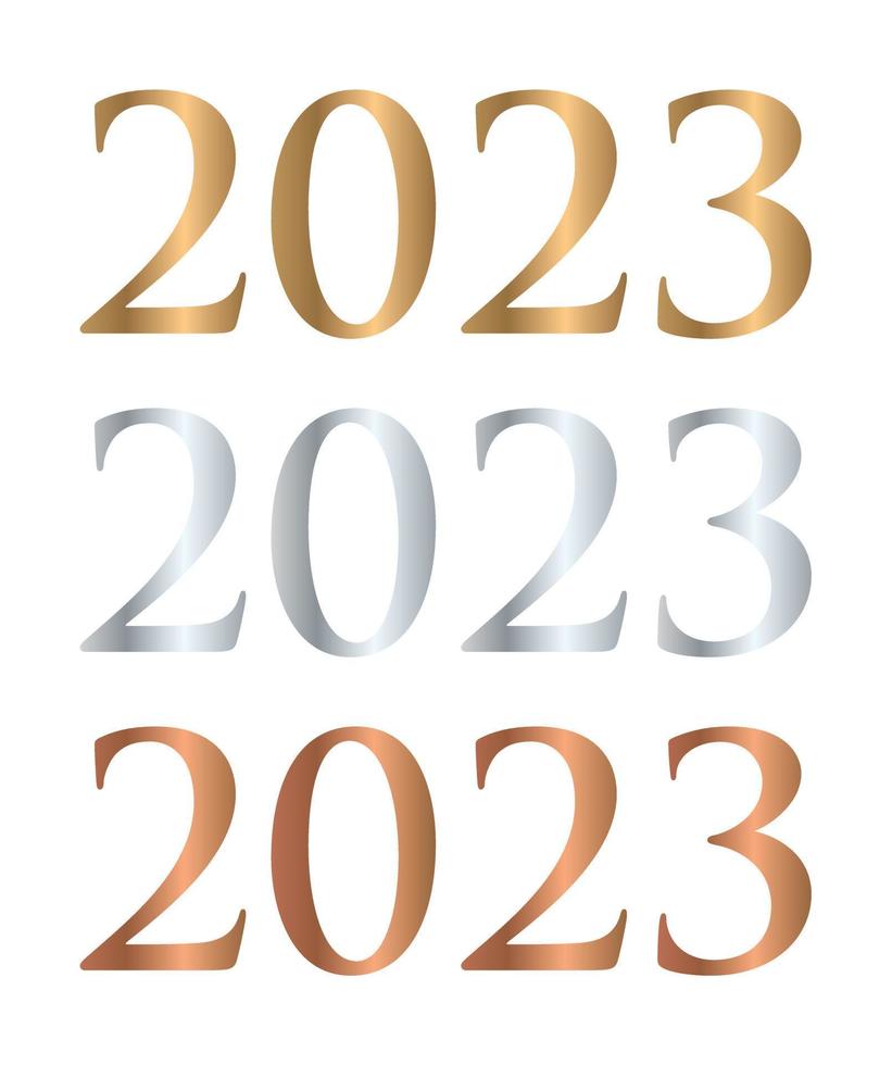 Vector numeral 2023 in gold, silver, bronze on a white background.