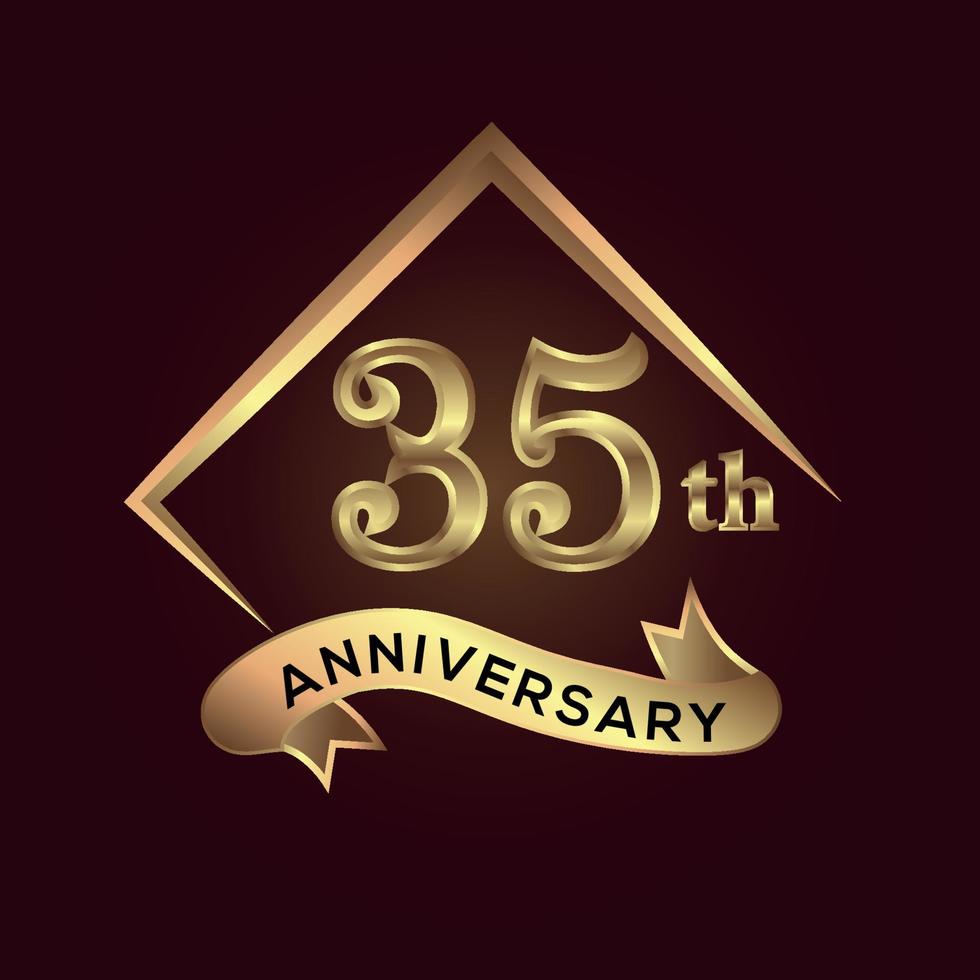 35 year anniversary celebration. Anniversary logo with square and elegance golden colour isolated on red background, vector design for celebration, invitation card, and greeting card